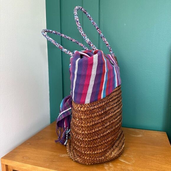 African Beaded Straw Bag Scarf Fringe Closure - Picture 2 of 16